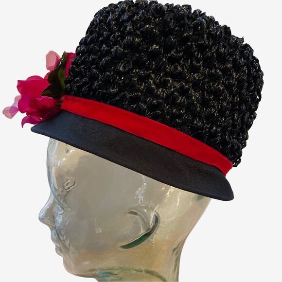 Floral Hat Cloche Black Red Band Woven Raffia Vintage 60s MidMod MCM - Picture 5 of 8